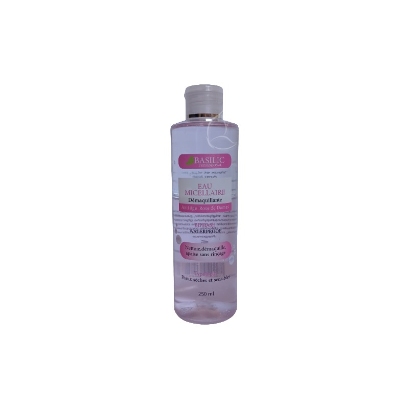 Eau Micellaire Rose de Damas by Basilic 250ml – Démaquillant Biphase Anti-Âge Waterproof pour Peaux Sèches et Sensibles