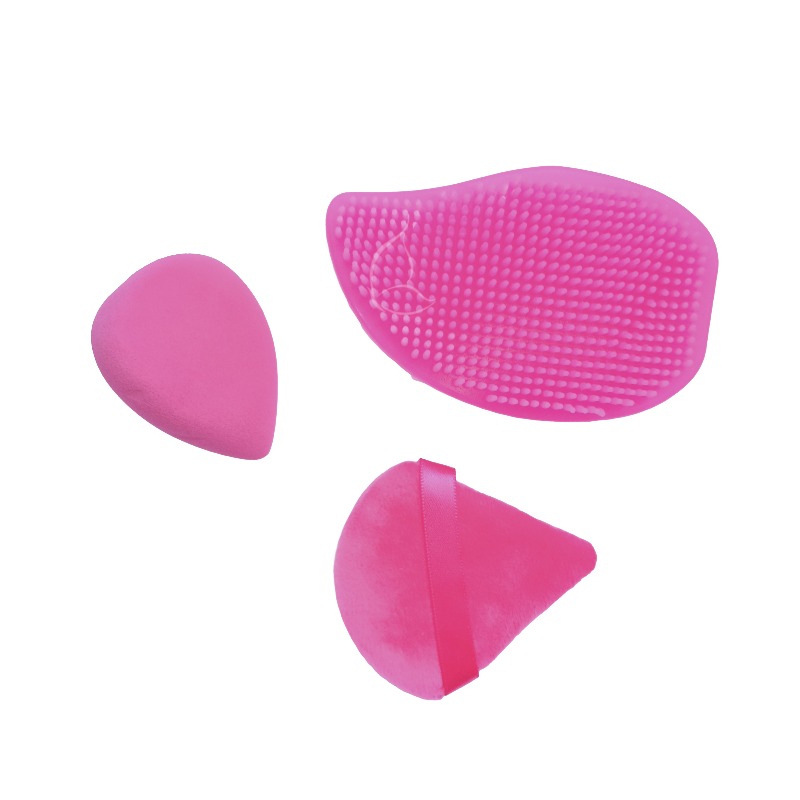 Set Éponges & Houppette de Maquillage avec Pad Nettoyant Visage – Multi-Formes pour Teint Parfait Rose Fushcia (#df6dab)