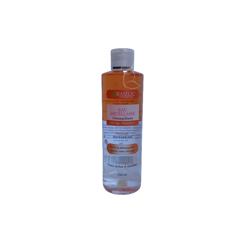 Eau Micellaire Vitamine C by Basilic 250ml – Démaquillant Anti-Âge Waterproof pour Peaux Sèches et Sensibles